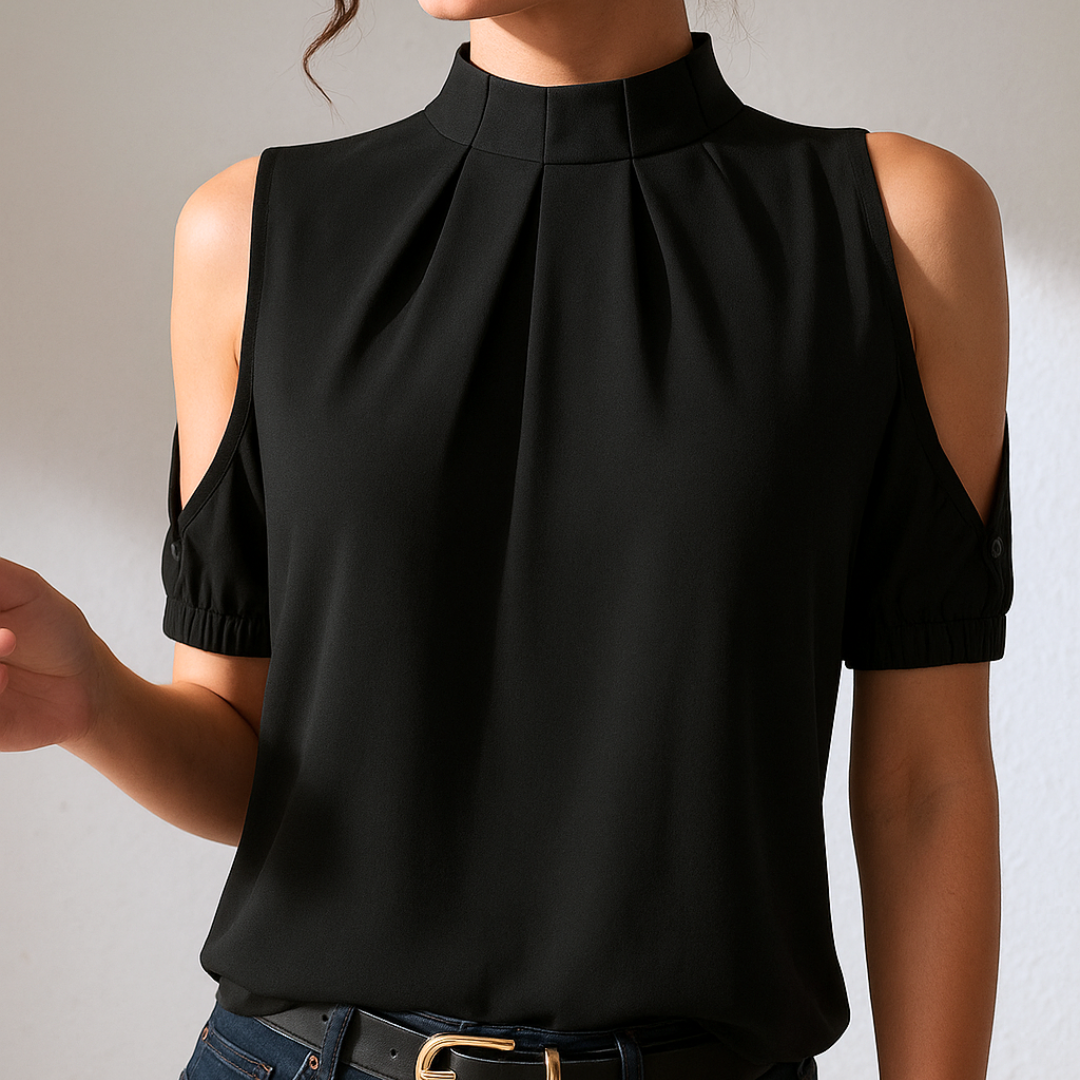 De bruijn | Elegante Zwarte Blouse met Plooien en Open Mouwen
