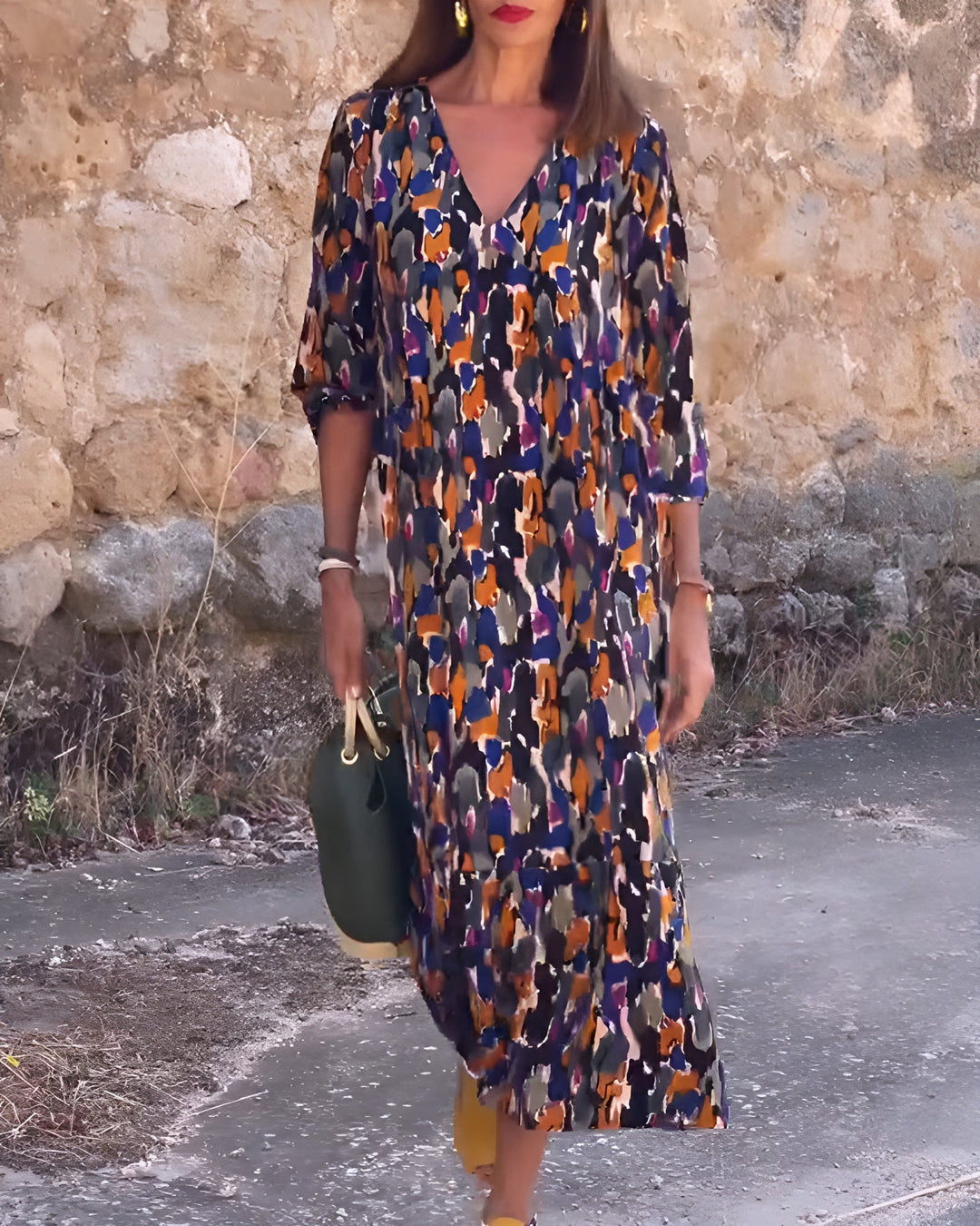 Nathalie | Retro V-hals jurk met print