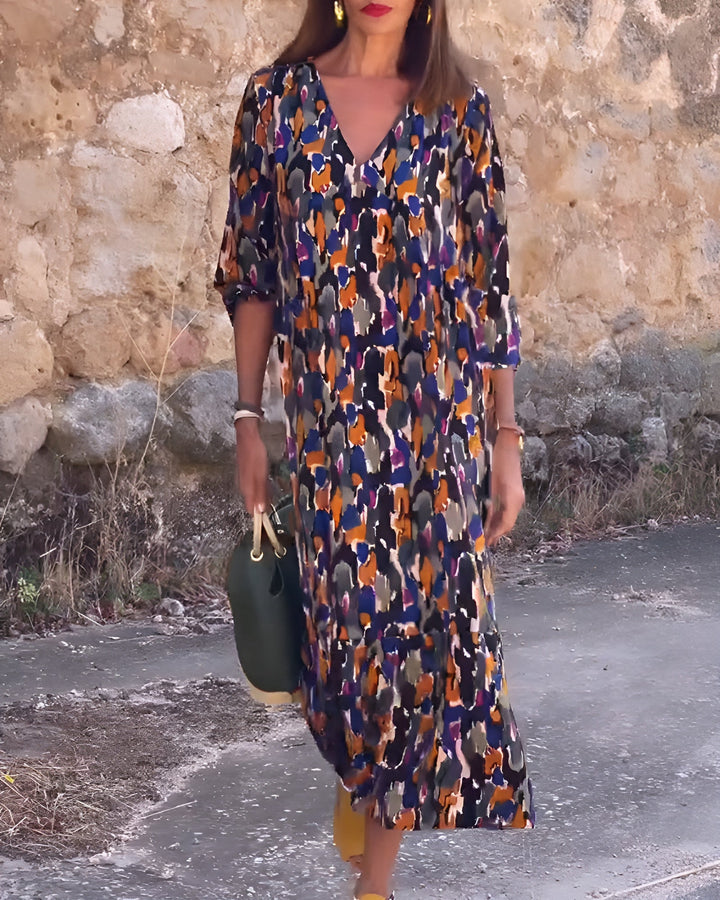 Nathalie | Retro V-hals jurk met print