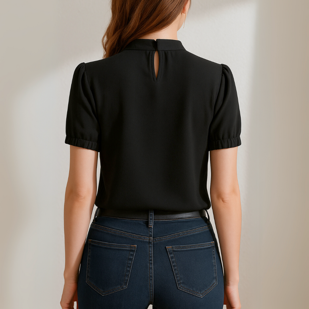 Sophie | Zwarte Geplooide Blouse met Splitmouwen