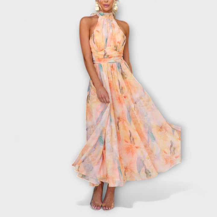 Jonna | Halter-Neck Aquarel Print Maxi Jurk