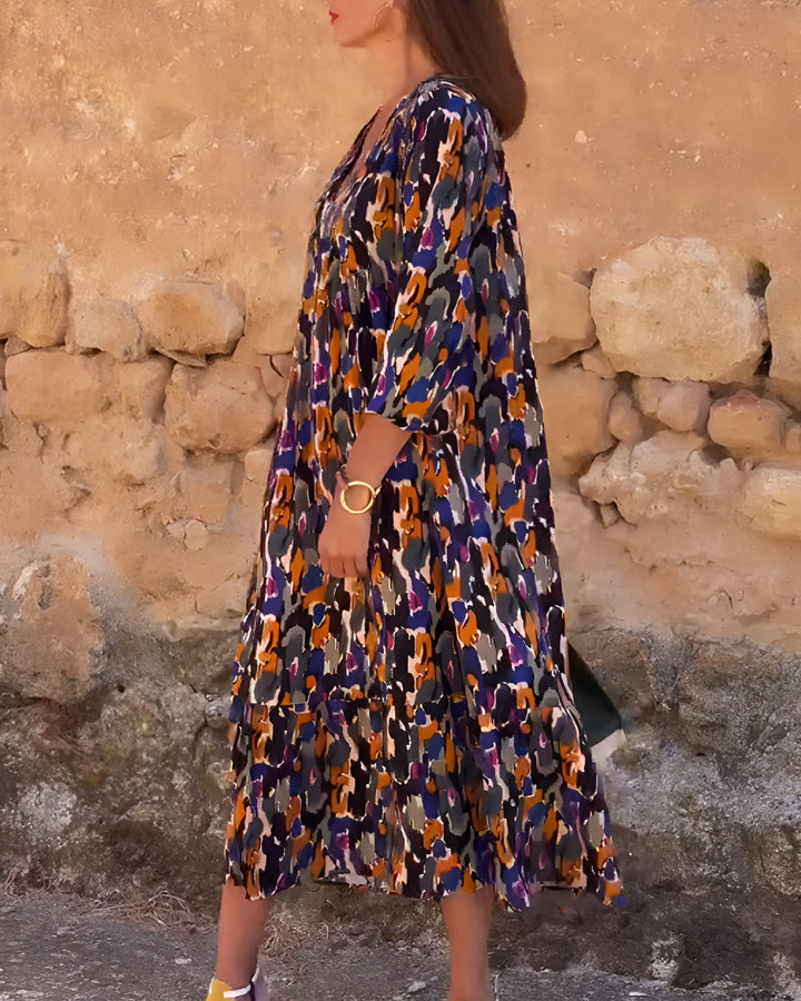 Nathalie | Retro V-hals jurk met print