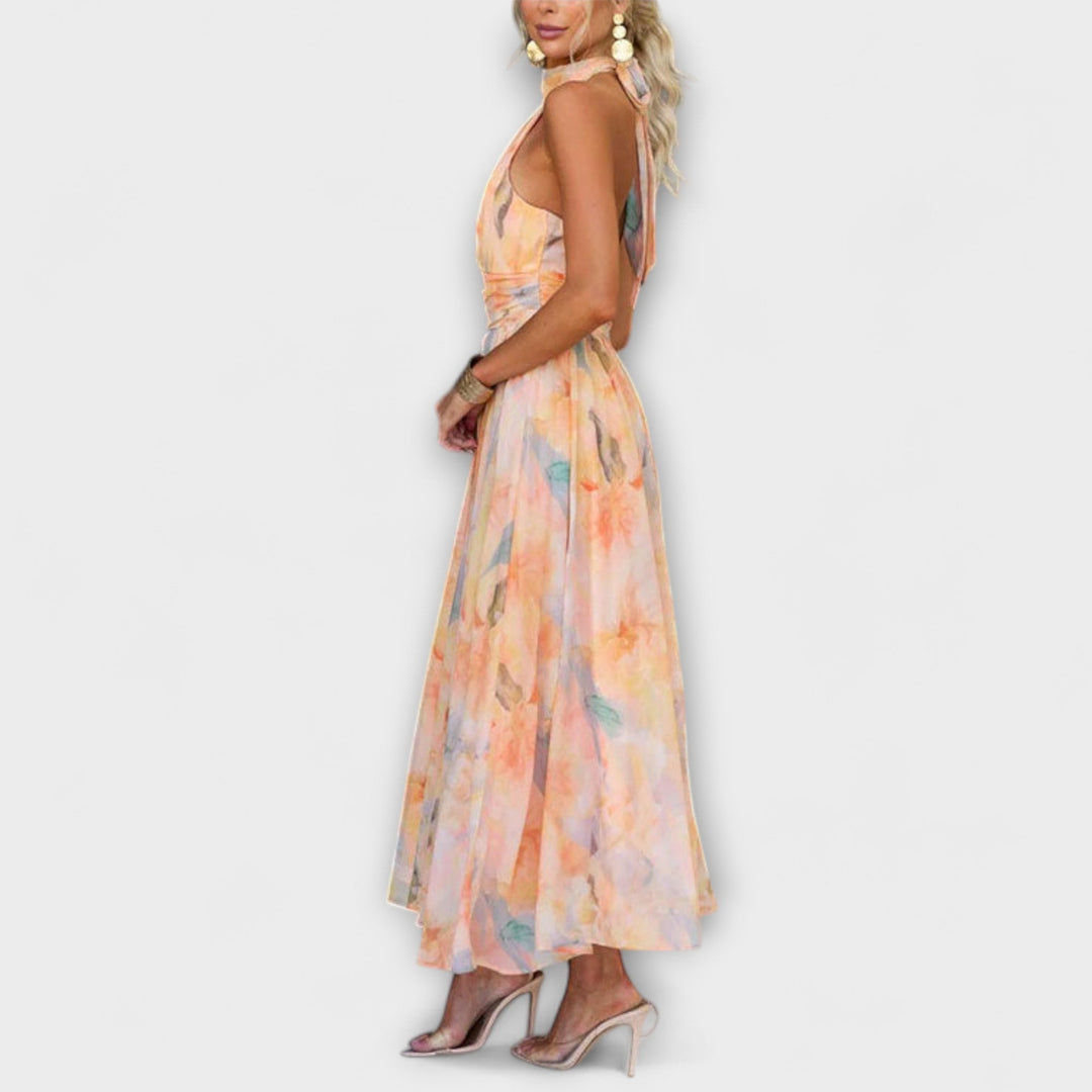 Jonna | Halter-Neck Aquarel Print Maxi Jurk