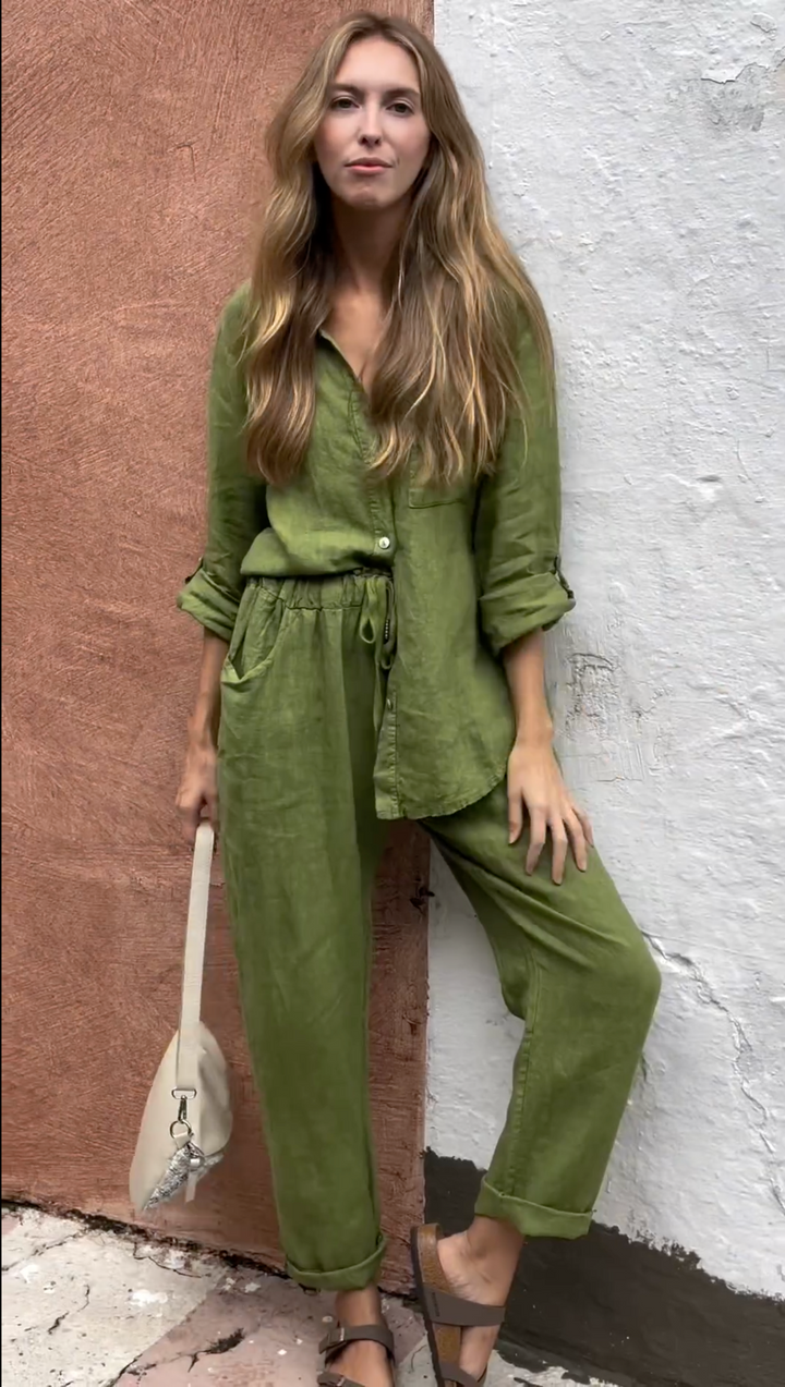 De Bruijn™ | Stijlvolle tweedelige linnen set met top en broek