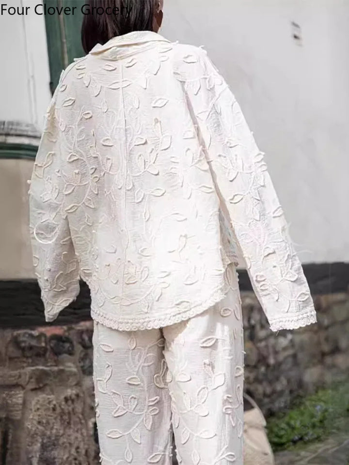 Stijlvolle Broek Set met Geborduurde Lange Mouwen Top