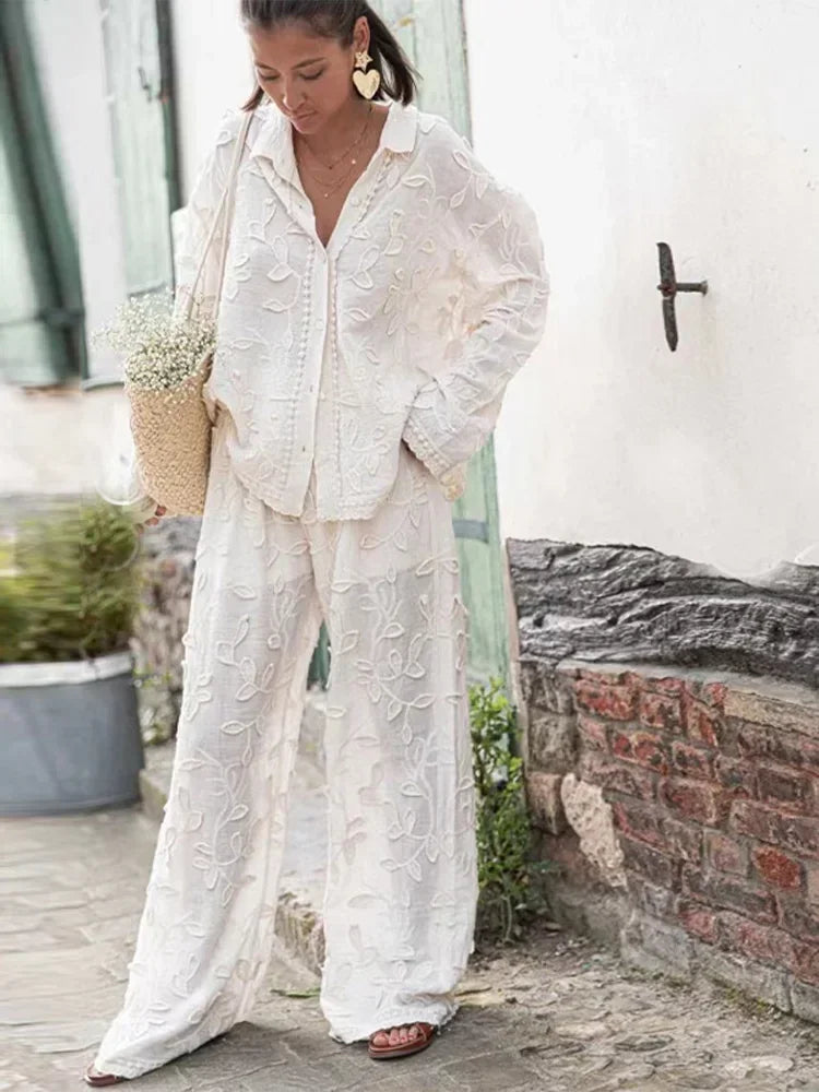 Stijlvolle Broek Set met Geborduurde Lange Mouwen Top