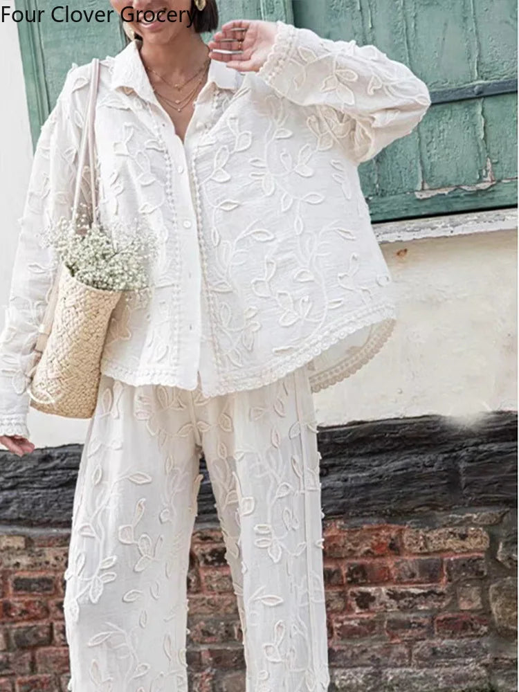 Stijlvolle Broek Set met Geborduurde Lange Mouwen Top