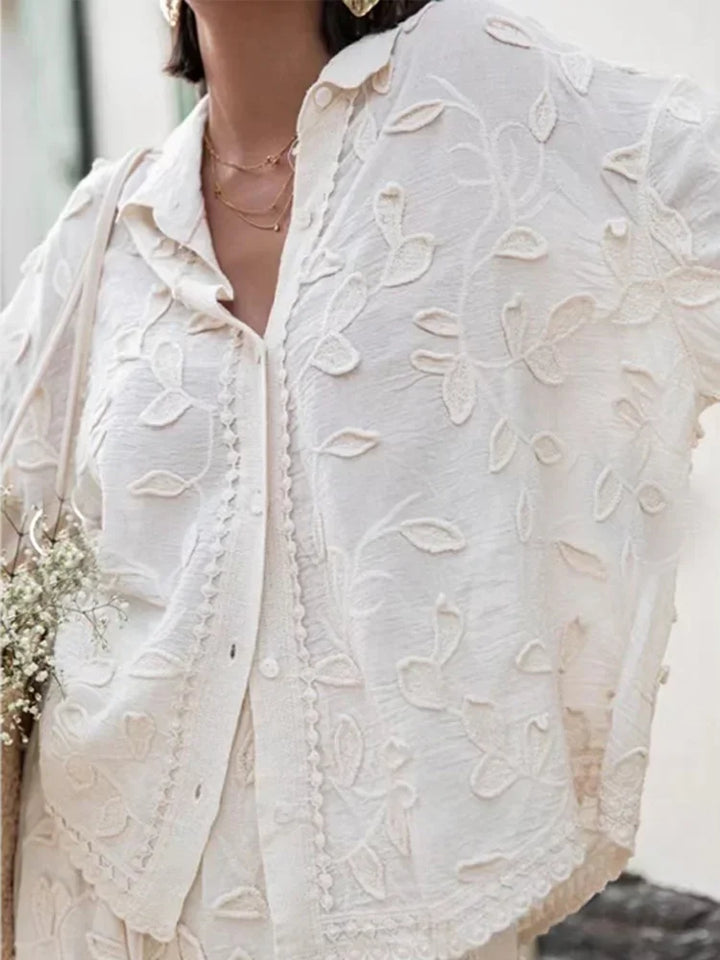 Stijlvolle Pantalon Set met Geborduurd Motief en Lange Mouwen Blouse