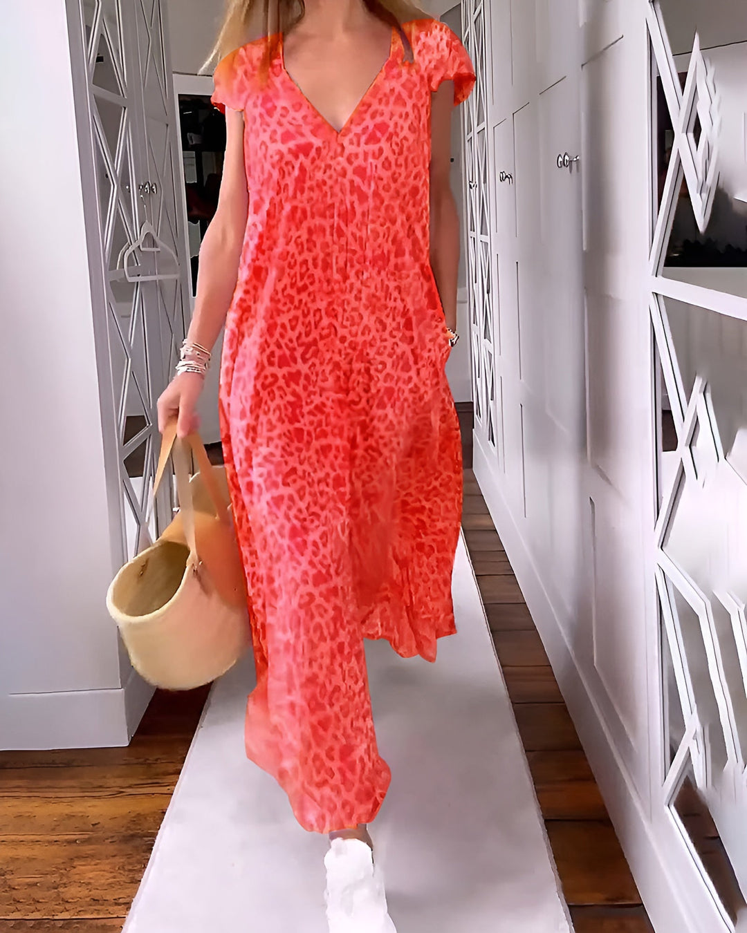 Véronique | Maxi-jurk met V-hals in print met korte mouwen